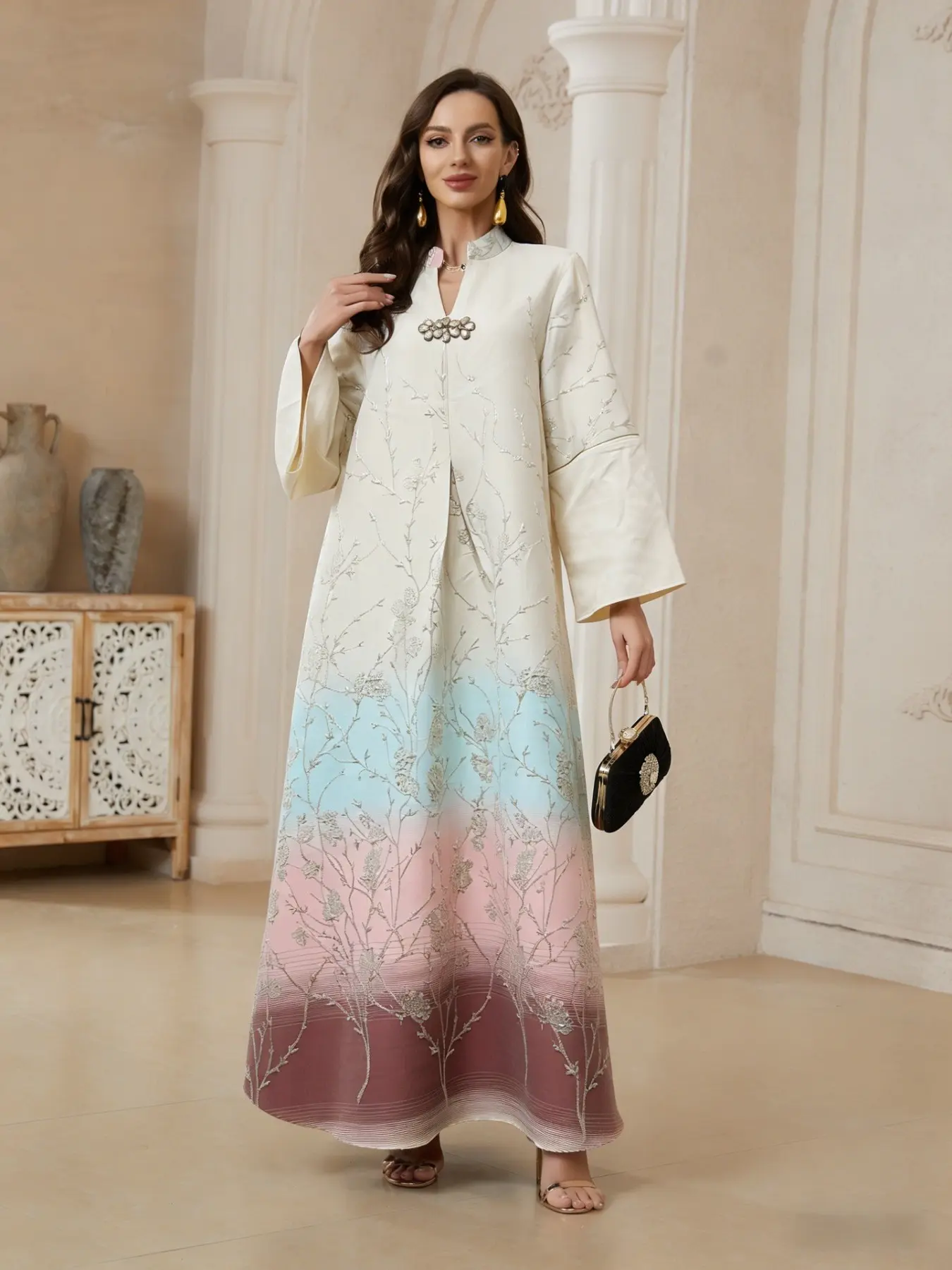 Elegant Chic Women's Middle Eastern Traditional Style Jalabiya Dress, Long Sleeve Stand Collar Maxi Formal Dress, Beaded Sequins Patchwork Design, Classy Modest Dresses