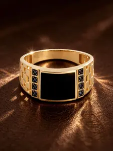 18K Gold Plated Stainless Steel Men Square Signet Ring, Smooth Matte Black Onyx, Four Vertical Black CZ On Both Sides, Hollow Grid Cutout Wide Band, Hypoallergenic Tarnish Resistant Minimal Business Jewelry Gift For Men