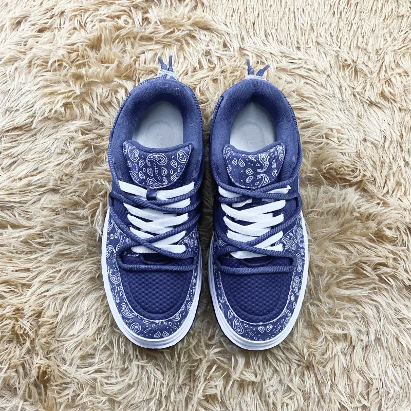 Navy Blue Paisley Print Mesh Platform Skate Sneakers for Men Women, Double White & Navy Thick Rope Laces Retro Y2K Hip Hop Street Low Top Casual Board Shoes