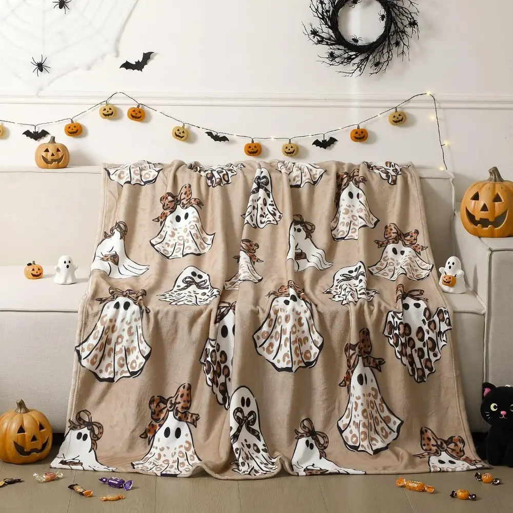 Halloween Cheetah Ghost Blanket Brown Leopard Throw Blanket | Soft Flannel Fleece, Halloween Cozy Spooky Gifts Decor, Western Boho Holiday Decorations, for Couch Sofa Bed