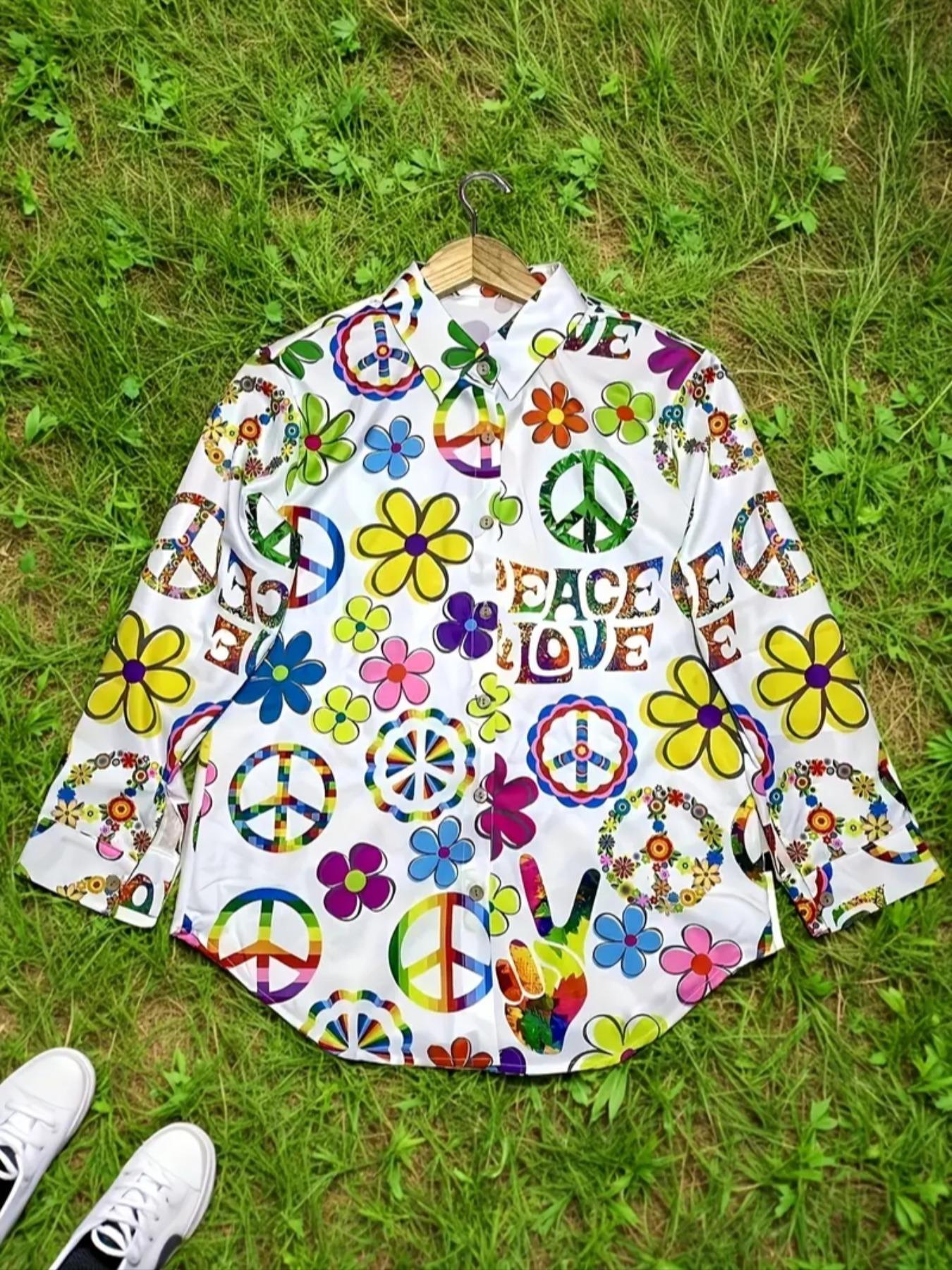 Women's Bohemian Style Printed Long Sleeve Shirt, Vibrant Peace Love Design, Casual Button Up for All Seasons