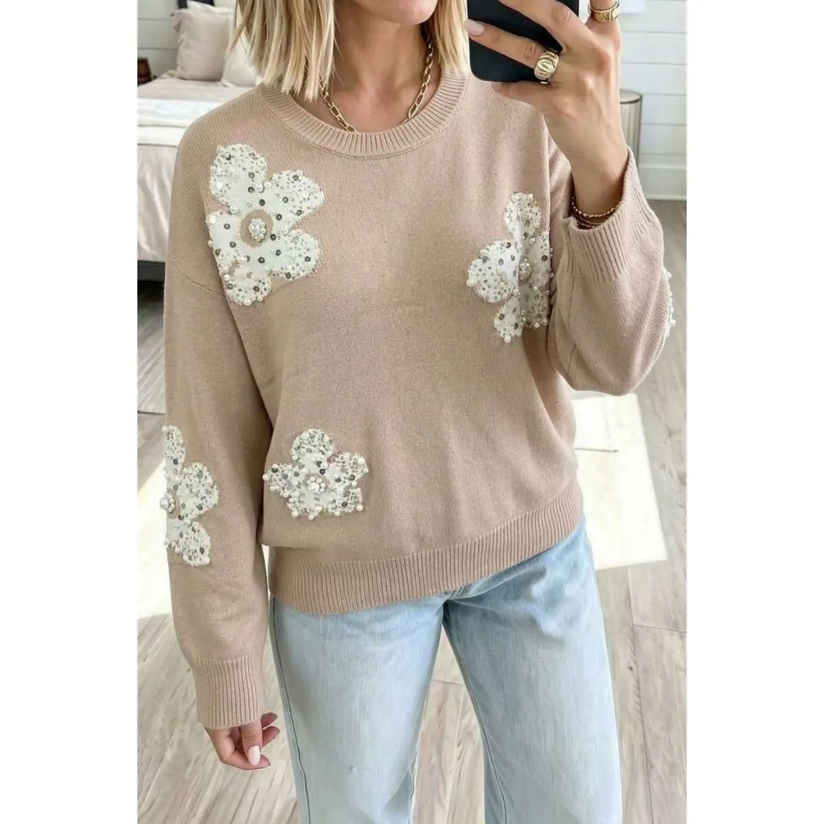BF Women's Smoke Gray Beaded Floral Patchwork Ribbed Trim Round Neck Sweater - Knit, Comfort Fit, Casual Style, Workwear