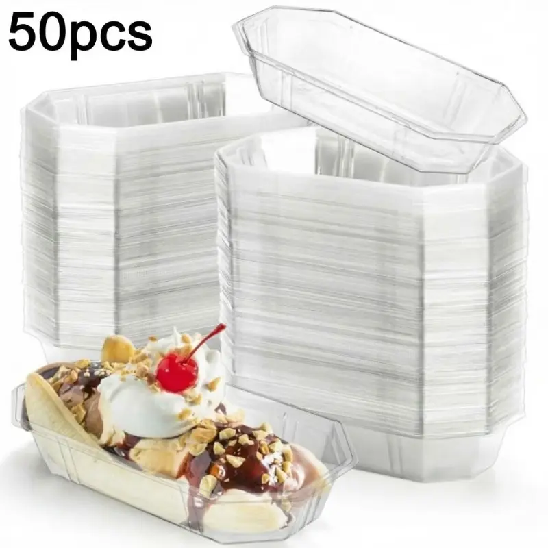 50pcs Bulk Clear Plastic Boat-Shaped Dessert Bowls & Sushi Plates - Thickened Large Capacity Suitable for Restaurants, Cafes, Bakeries, Parties, Disposable Suitable for Fruit Salad, Sushi, Desserts, Durable Boat-Shaped Plates