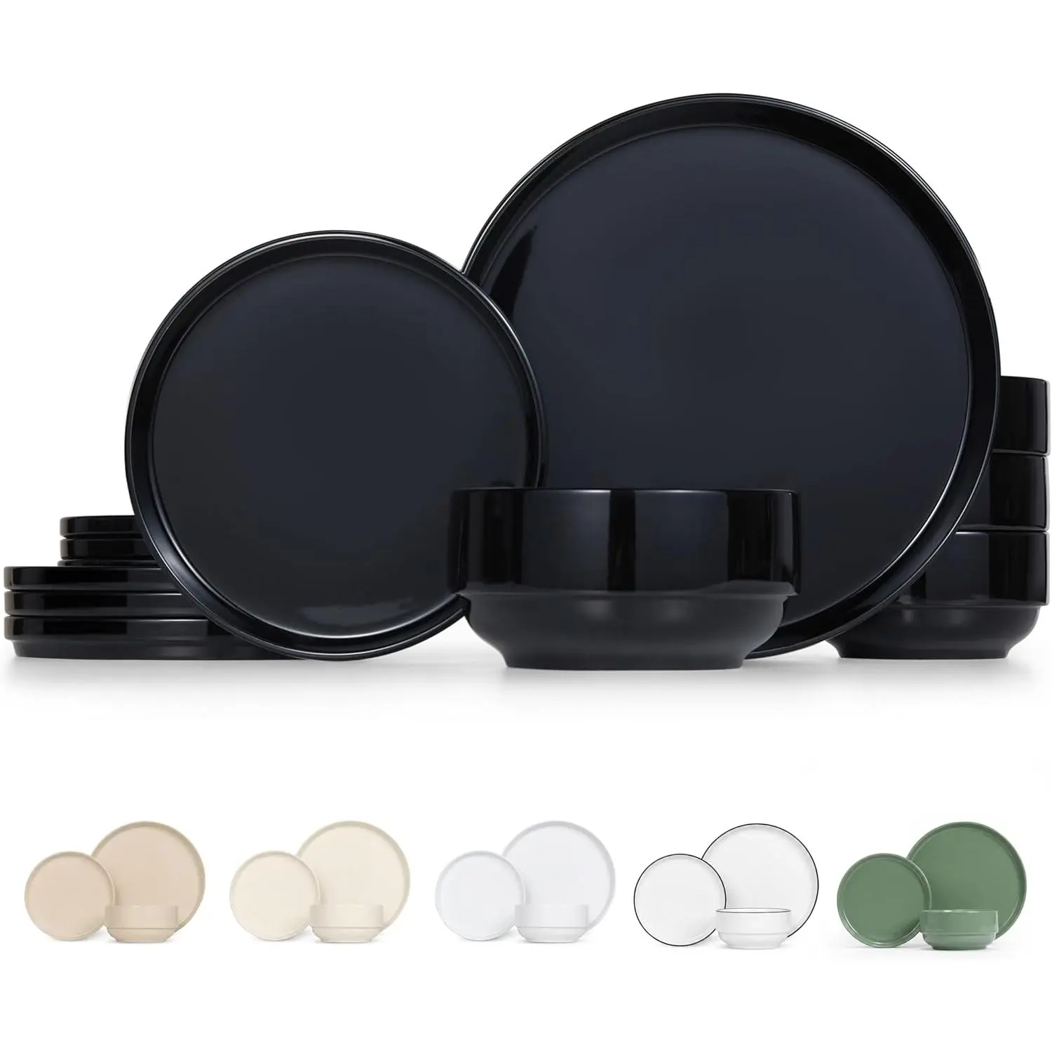 Ceramic Dinnerware Set, 12- Service for 4, Soup Bowls (31.5 oz), Salad Plates (7.5"), Dinner Plates (10.5"), Round, Microwave  Dishwasher Safe, Black, Cambridge Classics