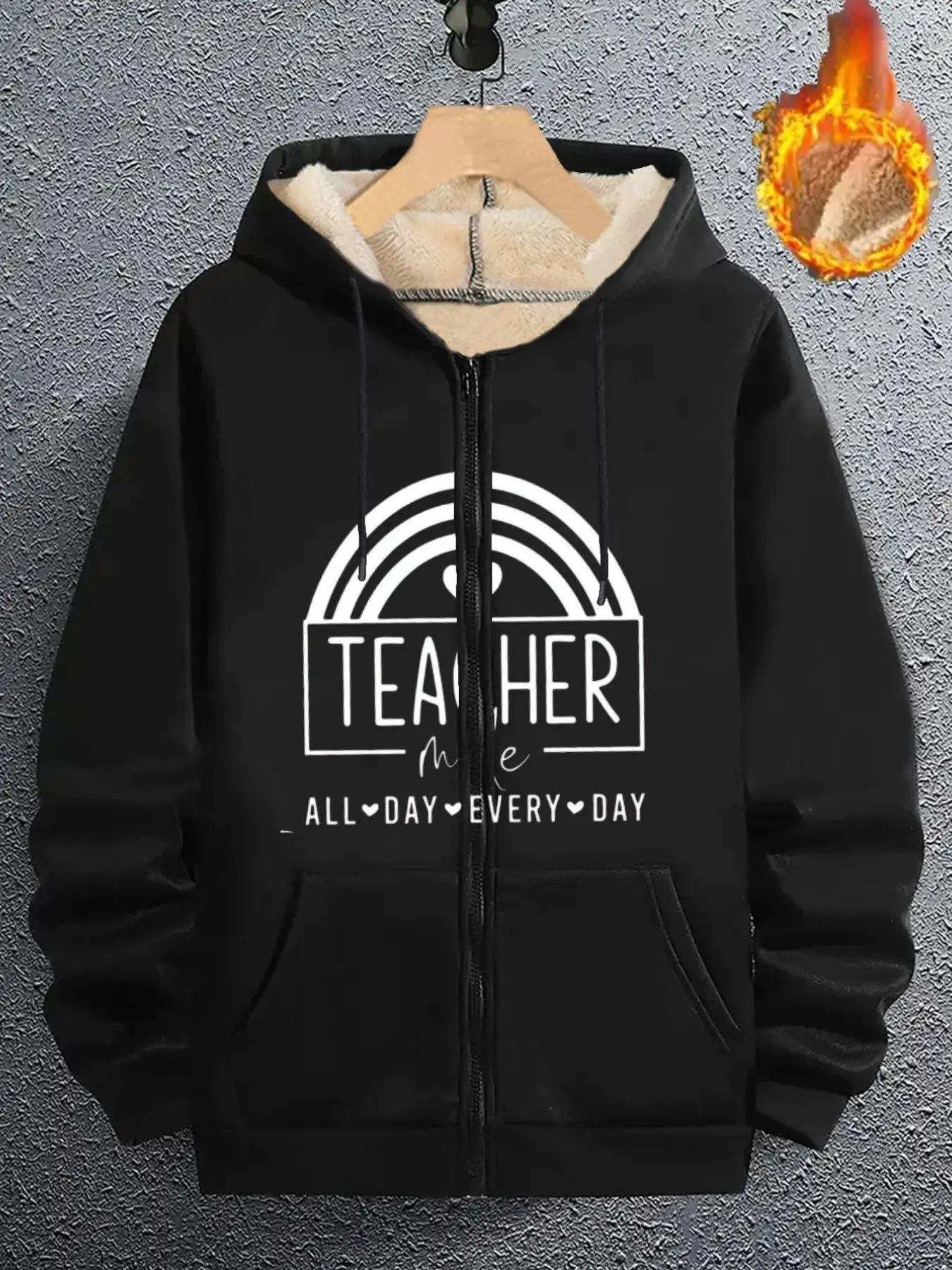 Simple Half-Arc Rainbow Teacher Daily Slogan Print Teddy Bear Thickened Zipper Hooded Jacket, Casual Warm Open Front Sweatshirt