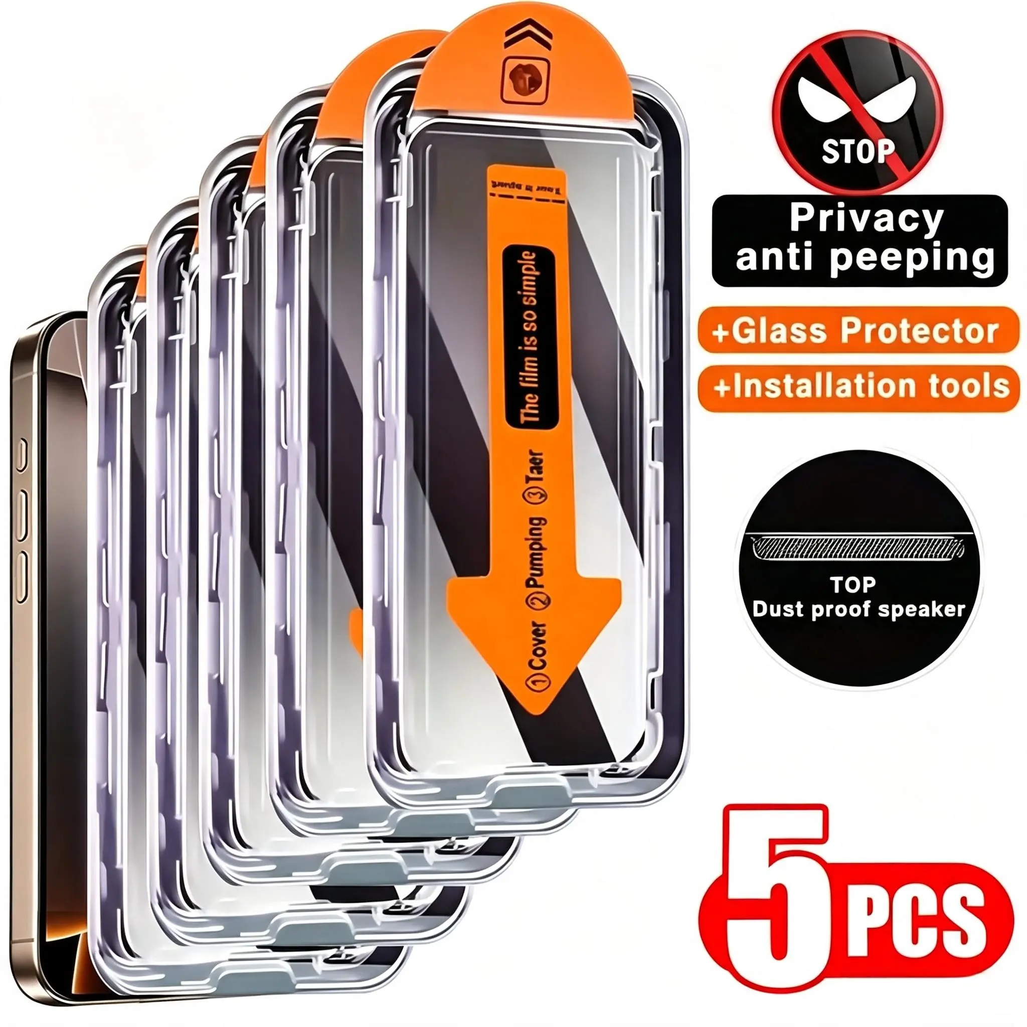 5pcs Tempered Glass Privacy Screen Protector with Install Kit Auto-Alignment Kit Compatible with iPhone 17 Pro Max/17 Air/17e/16 Pro Max/16e/15 Pro Max/14 Plus/13 Pro Max/12 Pro/11 Pro Max/Xs Max and More. Full Coverage, Anti-Fingerprints, Anti-Fall