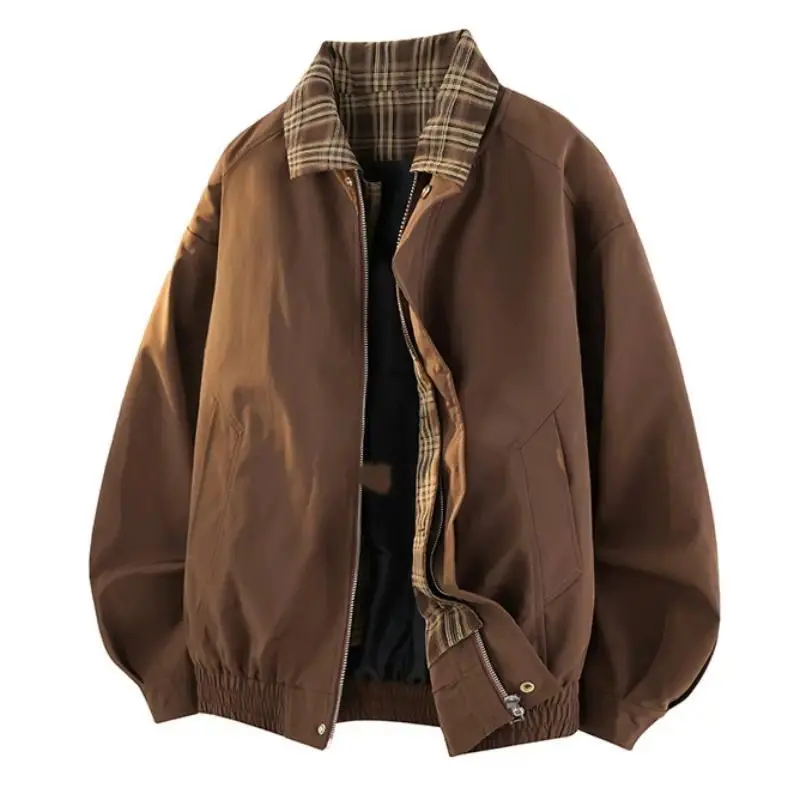 Men's Brown Polyester Aviator Casual Sport Coat - Long-Sleeve Jersey Zip-Up Menswear Top with Plaid-Lined Collar, Regular Size Lightweight Retro Wear for Spring & Fall Daily Use, Brown/Checkered Plaid Design