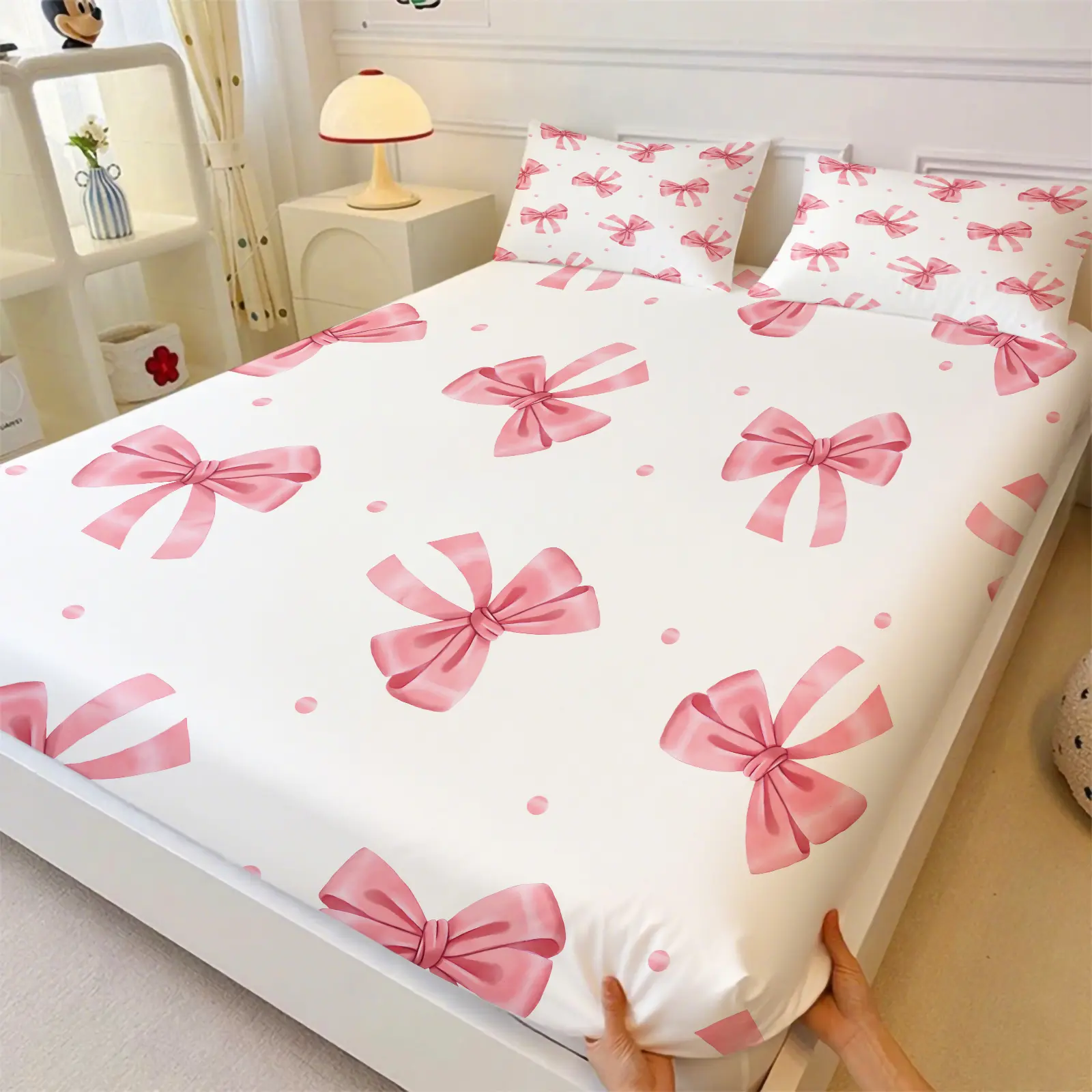 Coquette Aesthetic Pink Bow Print Fitted Sheet Set 3 Piece with 2 Pillowcases, Kawaii Pink Ribbon Bow Watercolor Girls Bedding All Size, Soft Breathable Bed Mattress Cover, Cute Bedding Set For Bedroom Decor