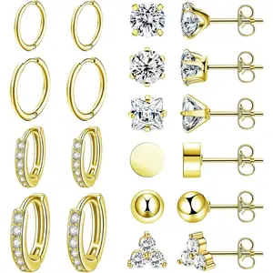 10 Pairs Stainless Steel Stud Earrings Colorful CZ Stud Earrings 20G Stud Earings 8mm 10mm Hoop Earrings Cartilage Earrings For Women Men