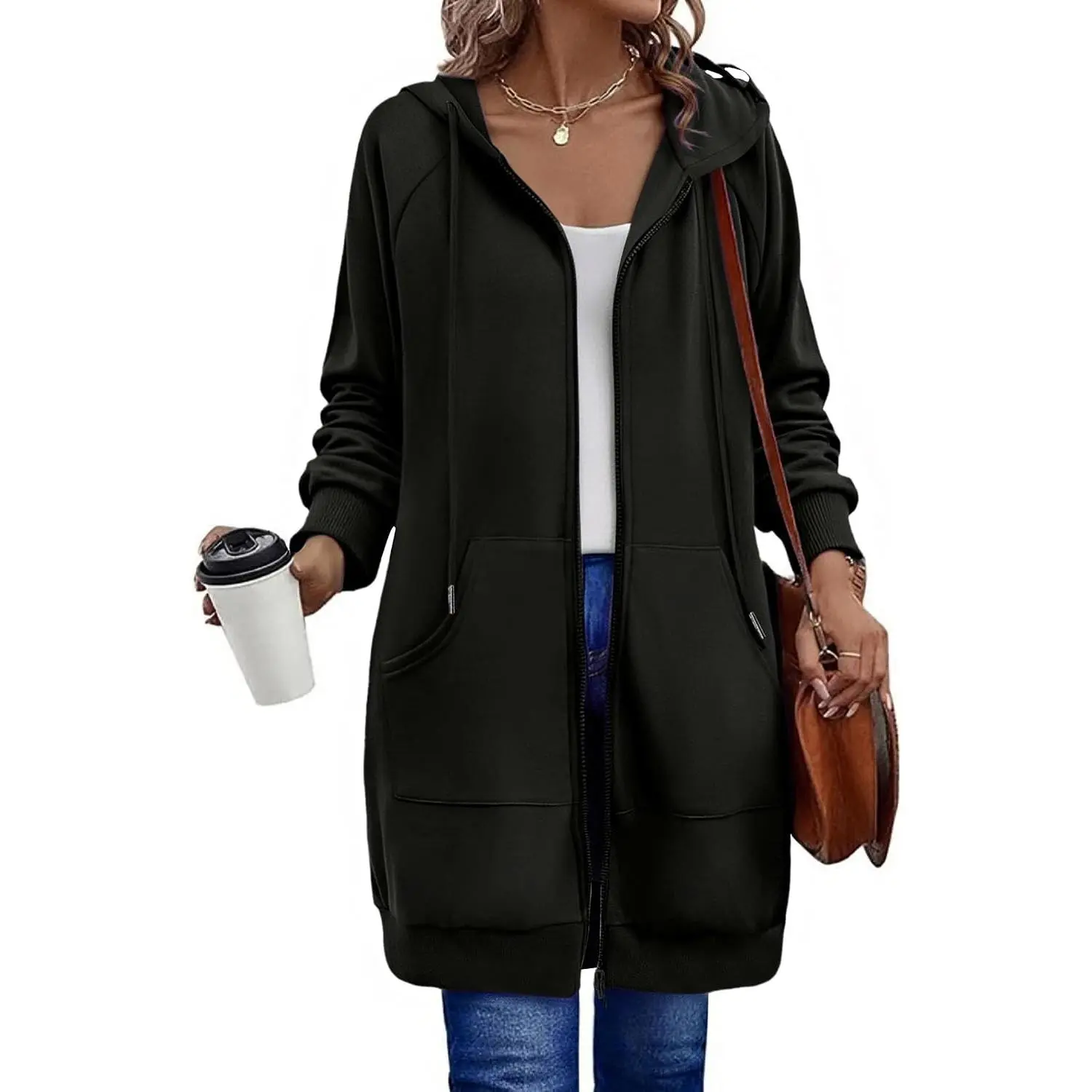 Women's Oversized Zip-Up Hoodie Long Sleeve Long Tunic Sweatshirt Fleece Jacket Coat with Drawstring and Kangaroo Pockets, Casual Athleisure Outerwear for Work DailyGift