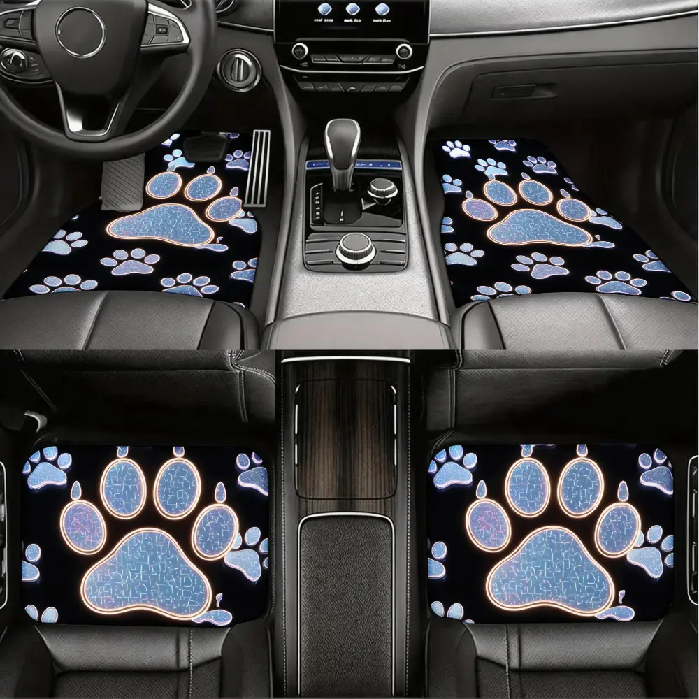 Cute Car Floor Mats, Universal Auto Floor Liners, Blue Paw Print Pattern, Non-Slip Rubber Backing, Pet Lovers And Dog Owners, 4 Piece Set