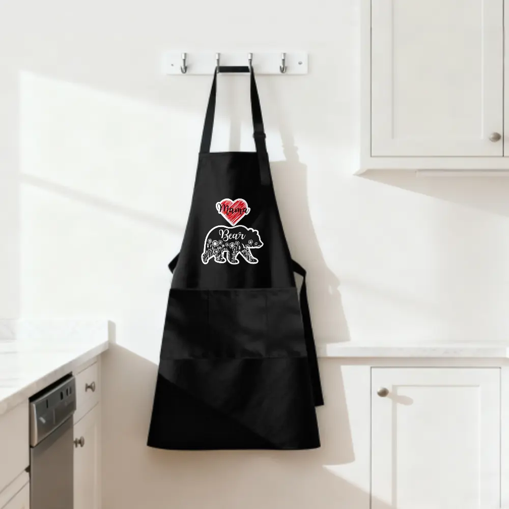 Mama Bear Printed Kitchen Apron With Pockets Adjustable Cooking Baking Apron For Women Mother Gift, Sweet Mama Bear Design For Daily Cooking