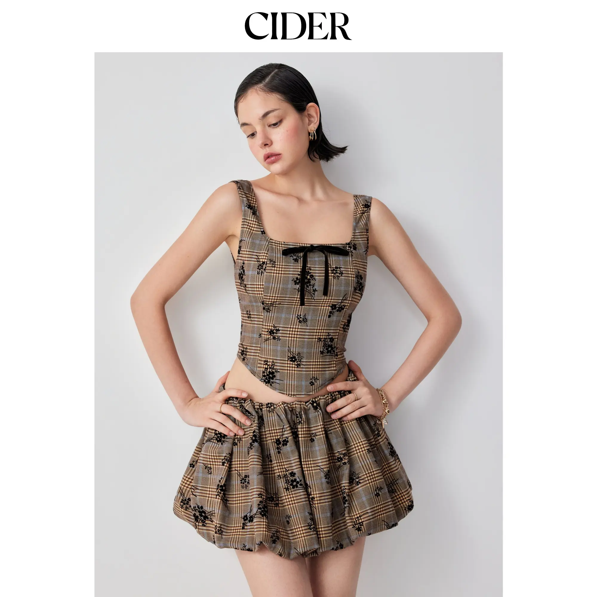 Cider Plaid Floral Square Neck Corset Top & Bubble Mini Skirt Set SohoChic
