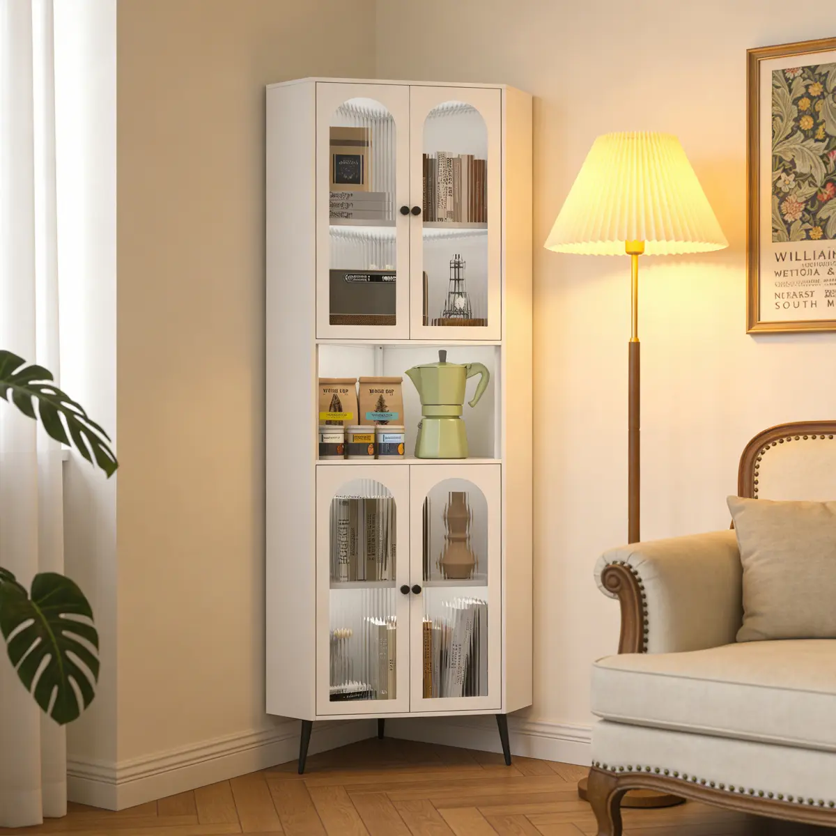73 In White Steel Indoor Modern Corner Cabinet - Heavy-Duty Right Angle Cupboard with Doors, Adjustable Shelves, Metal Support, Assembly Required Organizer for Entryway, Dining Room, Space-Saving Cabinet Living Room Furniture