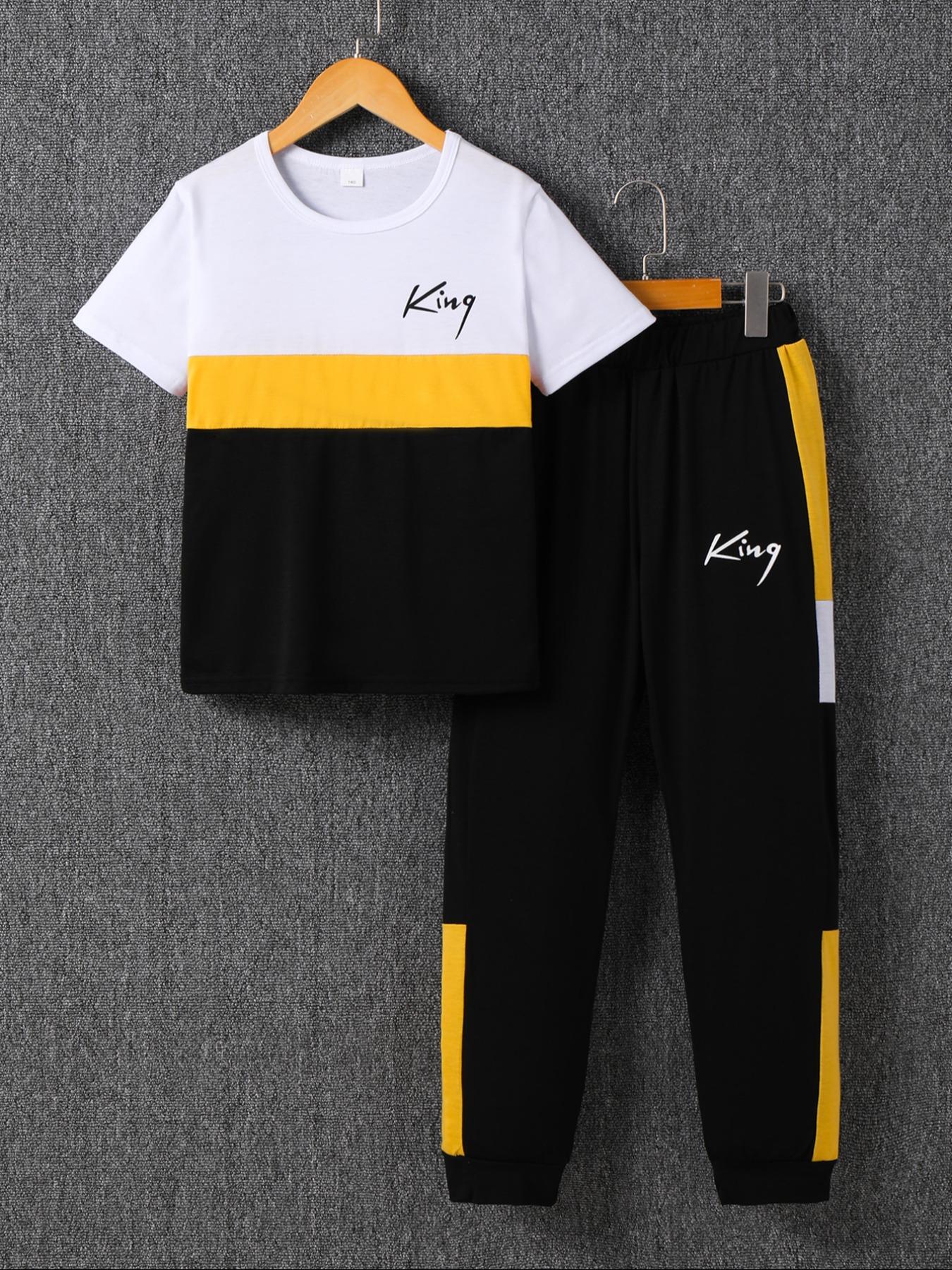Boy's Letter Print Tee & Side Stripe Sweatpants Set, Round Neck Set, Colorblock Short Sleeve T-shirt & Jogger Pants, Casual Summer Outfits Clothes for Kids Children, Kids Athletic Clothing, Striped Sets, Youth Kits