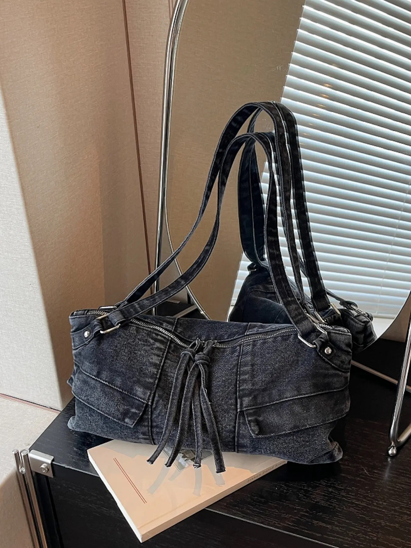 Trendy distressed denim single-shoulder bag, niche-designed women's casual underarm bag, double-strap minimalist comfortable daily commuter handbag