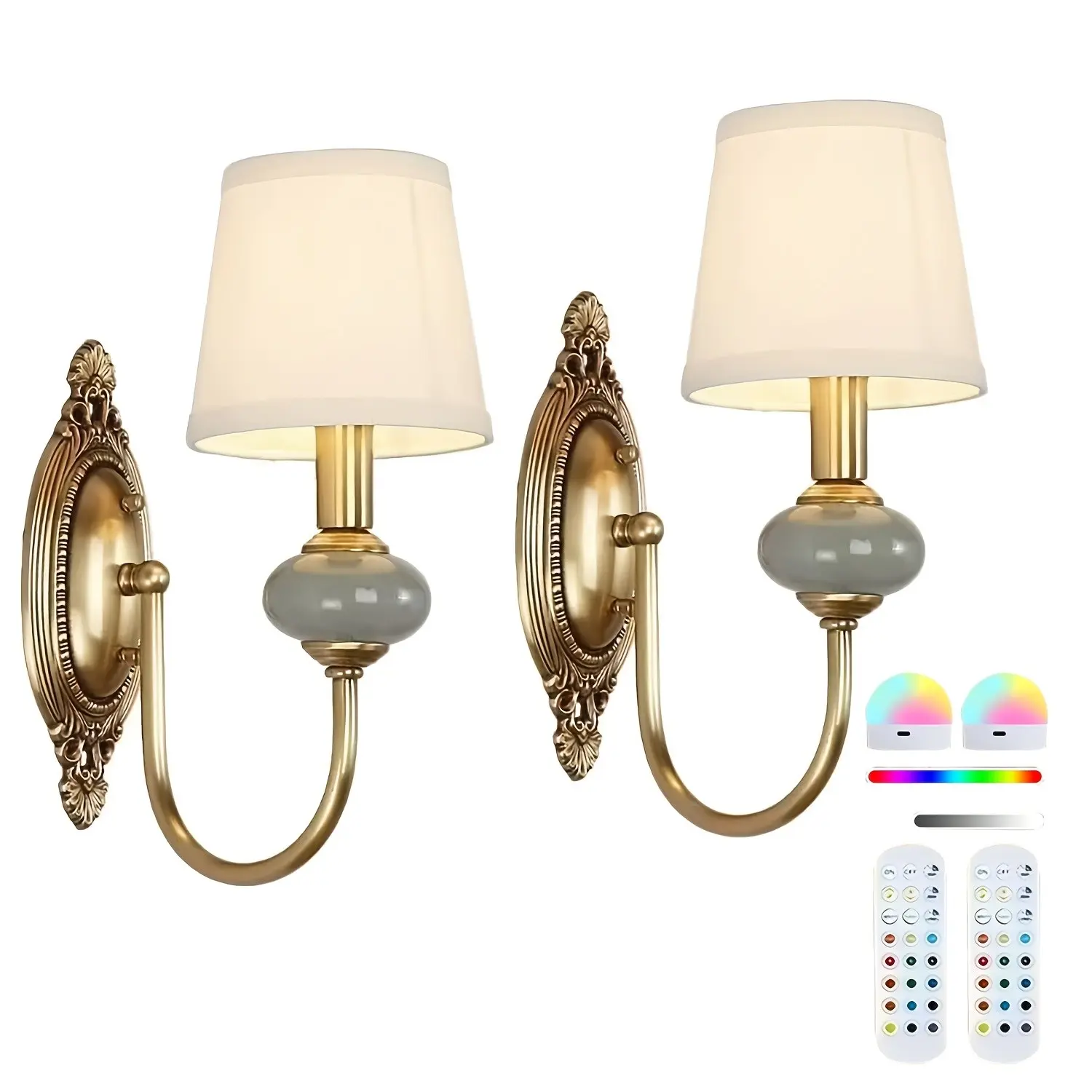 Wireless Battery Operated Wall Sconces Lights Set Of 2, Rechargeable Antique Brass Wall Light Sconce With Bulbs & Remotes, No Wires Dimmable Green Ceramic Wall Lamps For Living Room Bedroom Hallway