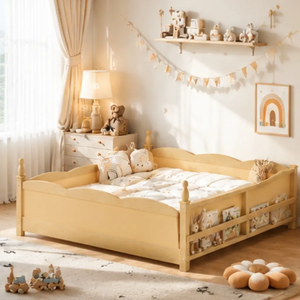 ARCH Full Size Montessori Cozy Low Profile Wood Floor Bed - Natural Pine, Full-Length Guardrails, Built-In Compartment Bookshelf, Non-Toxic Natural Materials, 57.24in W x 78.54in D x 22.05in H, Assembly Required, Secure Nursery Design, Easy Toddler Access
