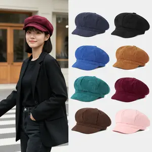 Vintage Corduroy Newsboy Hat Retro Baker Boy Cap Soft Elastic 8 Panel Cabbie Visor Bonnet Plain Solid Color For Women Girls Autumn Winter Casual Streetwear Gift