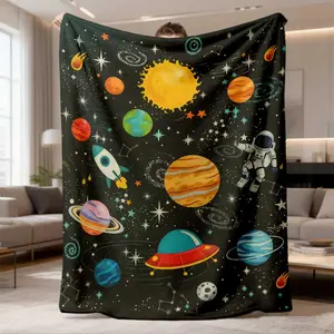 1Pc New Arrival Space-Themed Flannel Blanket - Bohemian Ultrasound-Pressed Digital Print Plush Bedspread With Stars & Planets, All-Season Soft Bed Cover For Sofa, Chair - Cozy Gift Suitable For Bed, Living Room Decor, Birthday, Christmas