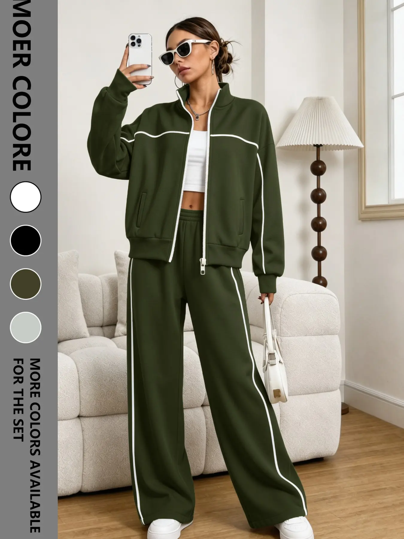 Women's Two-Piece Set, Fall Winter Long Sleeve Zip-Up Sweatshirt and Mid Waist Pants, Casual Loose-Fitting, Multiple Colors Available