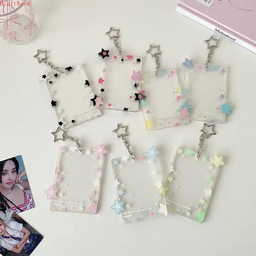 Pastel Star Clear Acrylic Photocard Holder with Star Keychain Cute Kpop Idol Photo Card Protector Sleeve