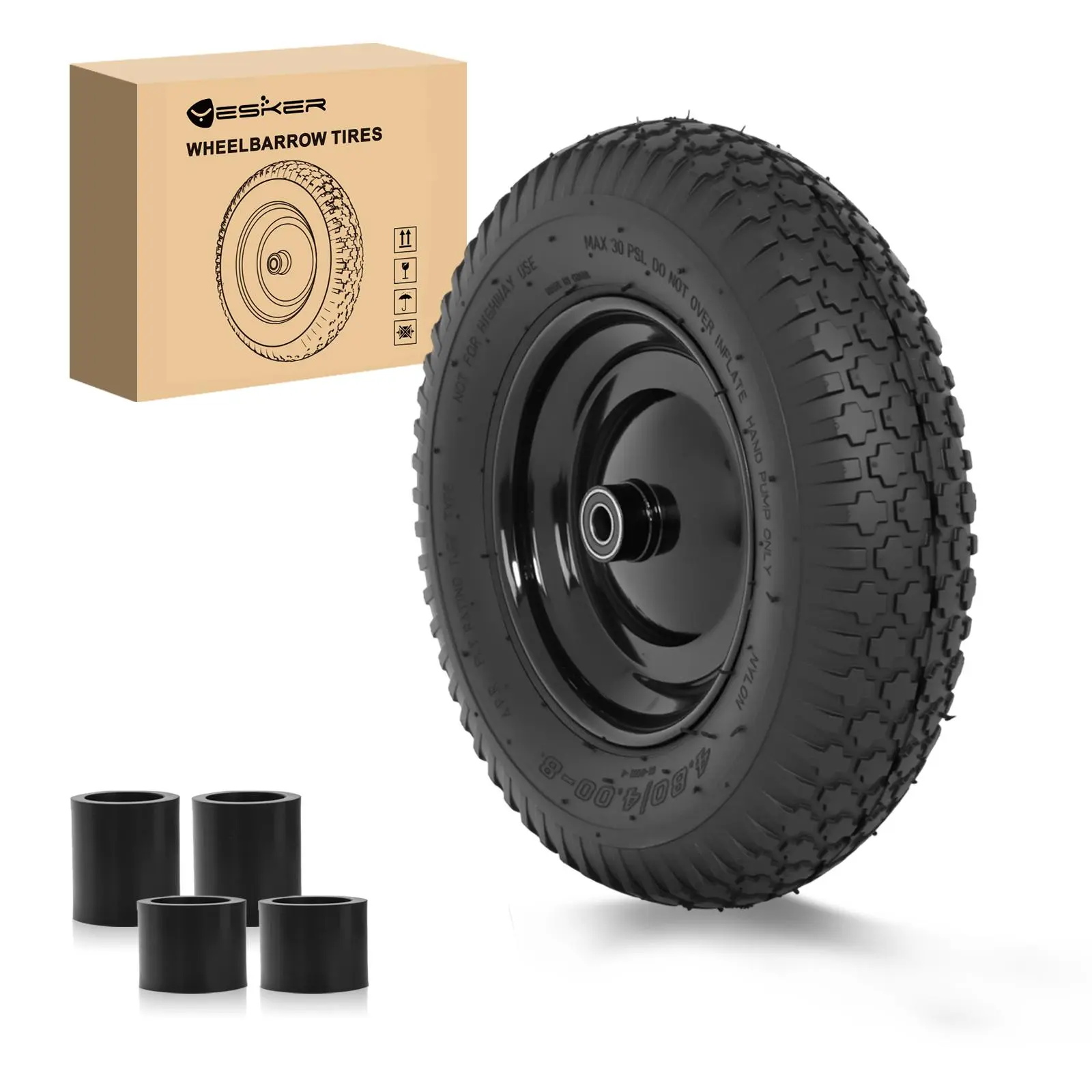 Yesker 4.80/4.00-8 NHS Standard Pneumatic Replacement Set, 16" Air-Inflated Tire & Wheel with 5/8" Axle Bore for Wheelbarrow, Garden Carts, Load Support, Smooth Rolling, Stability, Grass Traction, Shock Absorb (1 Pack)