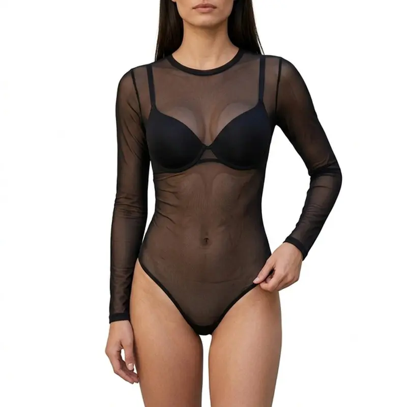 Women's Sheer Mesh Long Sleeve Bodysuit Top for Party and Club Night Outfits