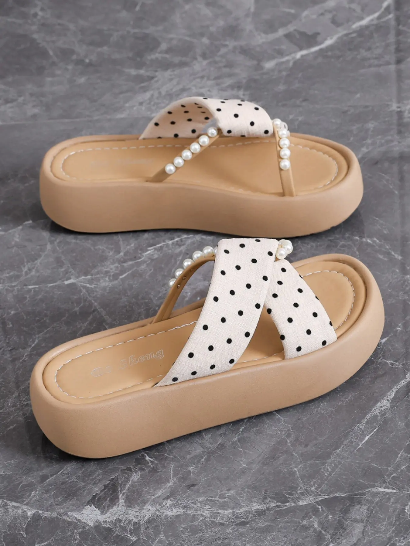 Women's Polka Dot Fabric Crisscross Strap Faux Pearl Platform Slide Sandals Slip On Open Toe Soft Cushioned Insole Casual Summer Footwear Three Colors Yellow Black Off White