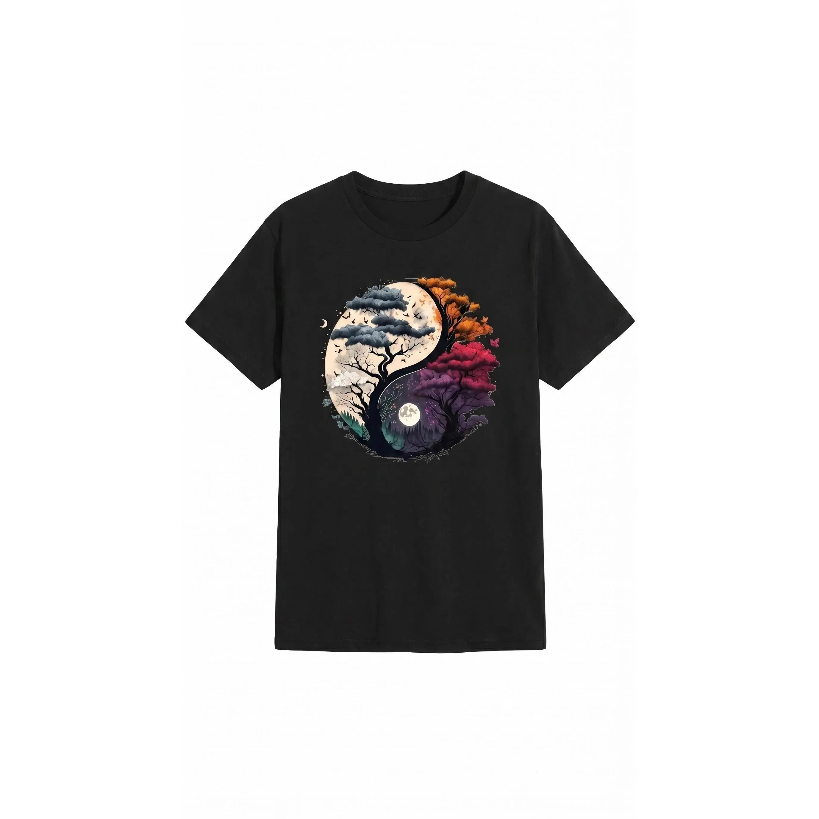 Men's 100% Cotton Round Neck Short-Sleeve Streetwear T-Shirt, Watercolor Yin Yang Tree Graphic Top for Spiritual Nature Lovers, Meditation Casual Outdoor Wear, Tshirt