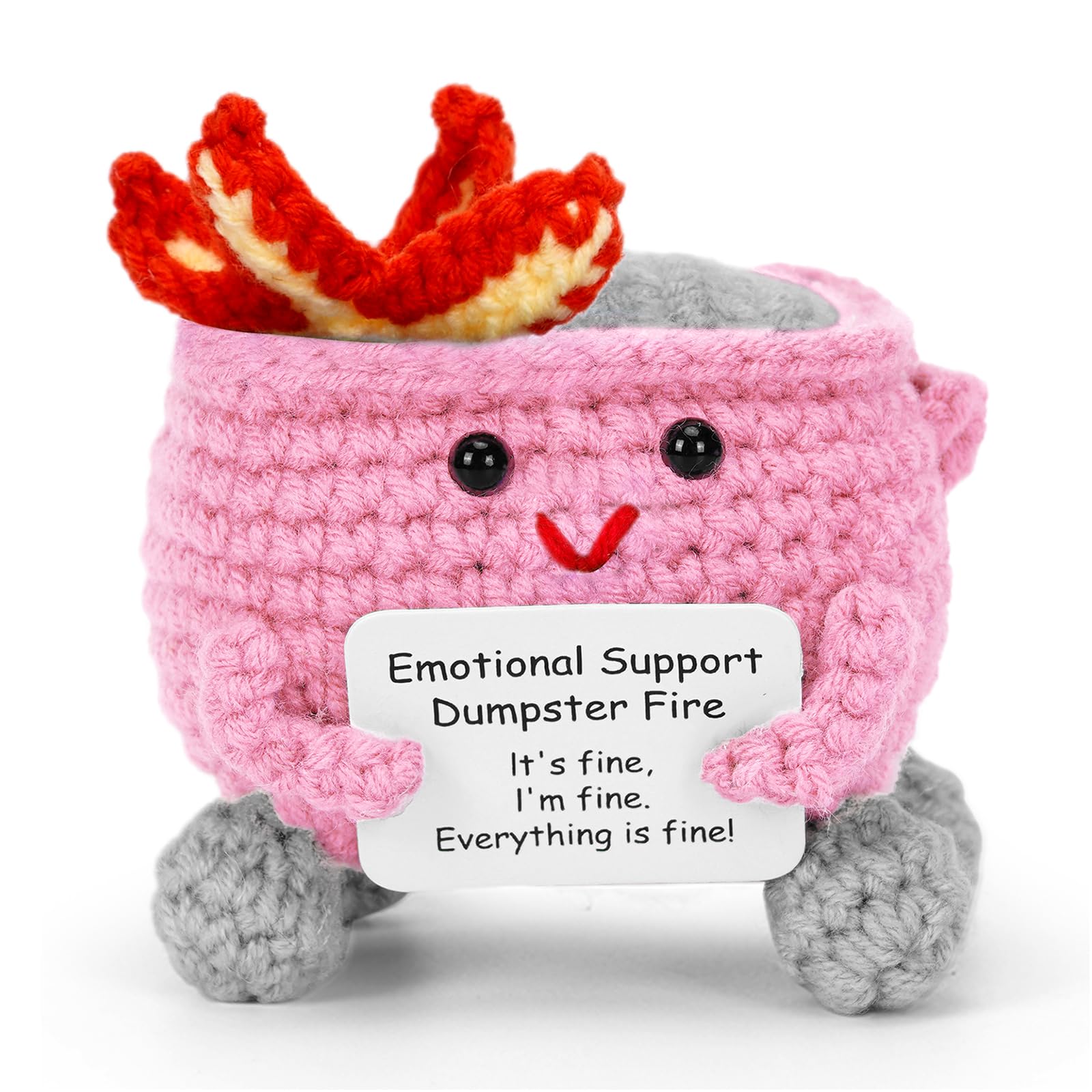 Emotional Support Handmade Crochet Dumpster Fire with Positive Card, Cute Room Decor, Funny Knitted Toys Gifts for Friends, Soft Stuffed Doll