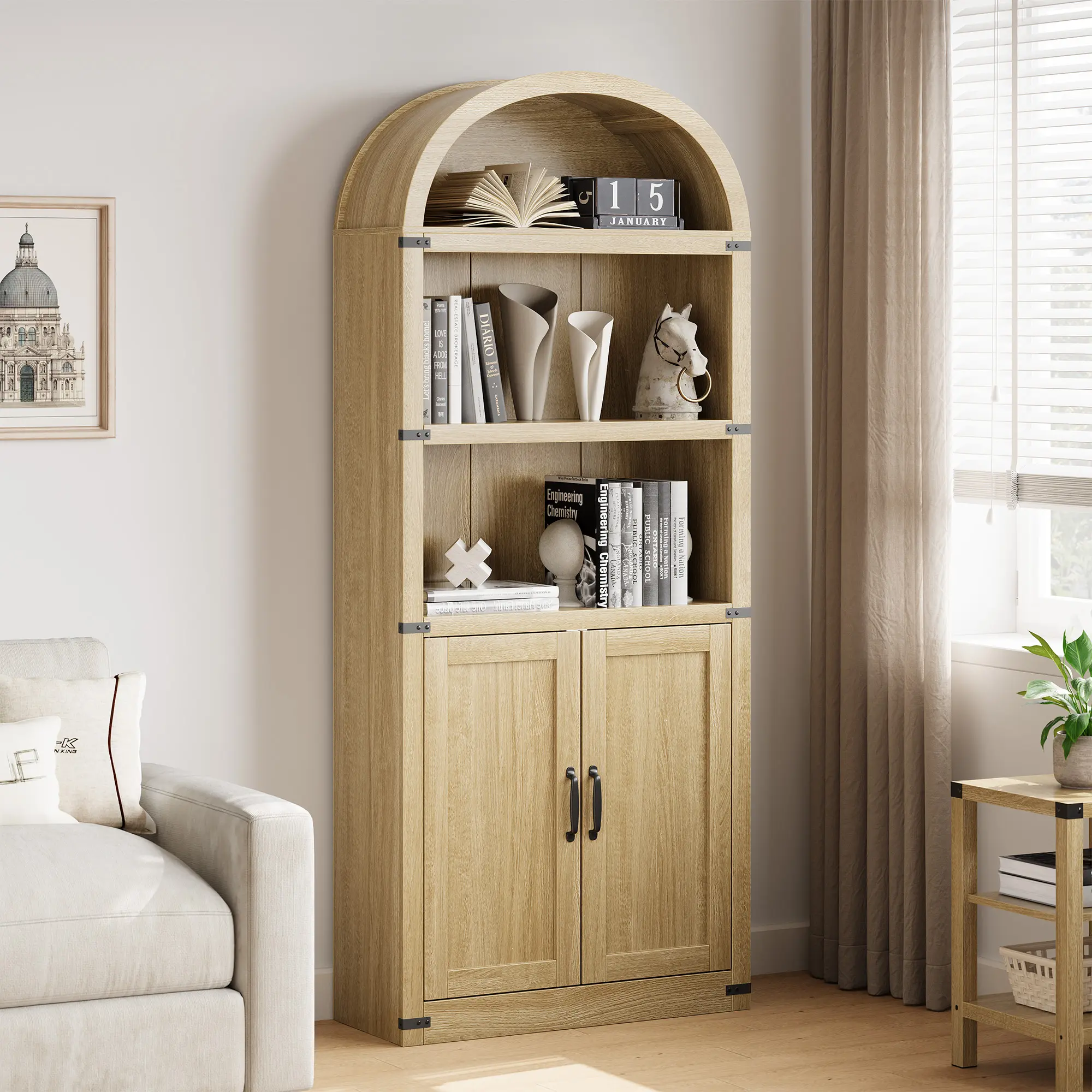 Bookcase 5 Shelf Arched Bookshelf 71.65in Tall Bookcase Farmhouse Display Storage Rack Wooden Bookshelves for Home Office, Living Room