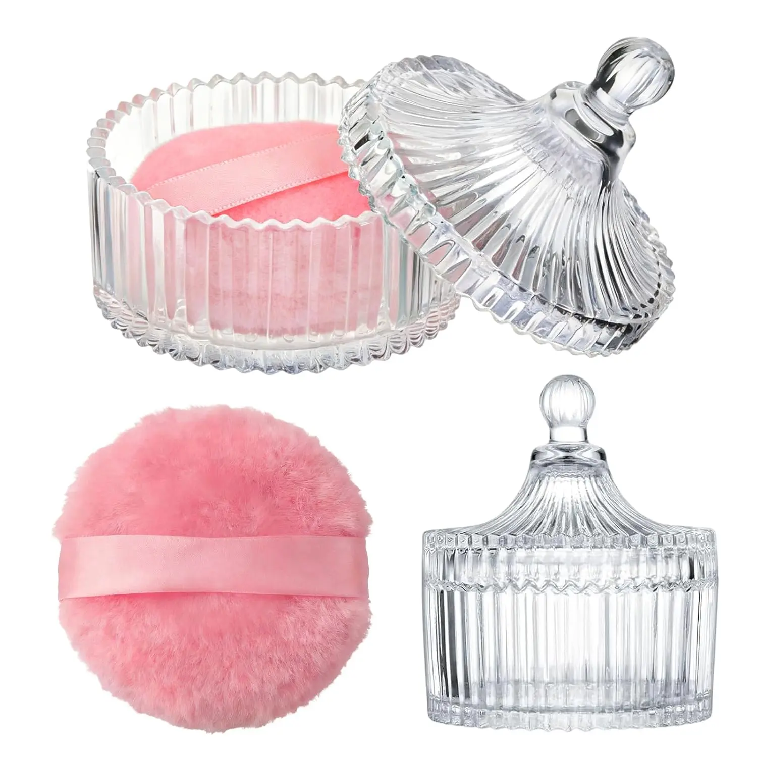 Body Powder Puff and Container set, 3.94" Small Crystal Glass Storage Jars with Dustproof Lid for Loose Powder with Soft Washable Reusable Fluffy Plush Puff (Classic-Clear)