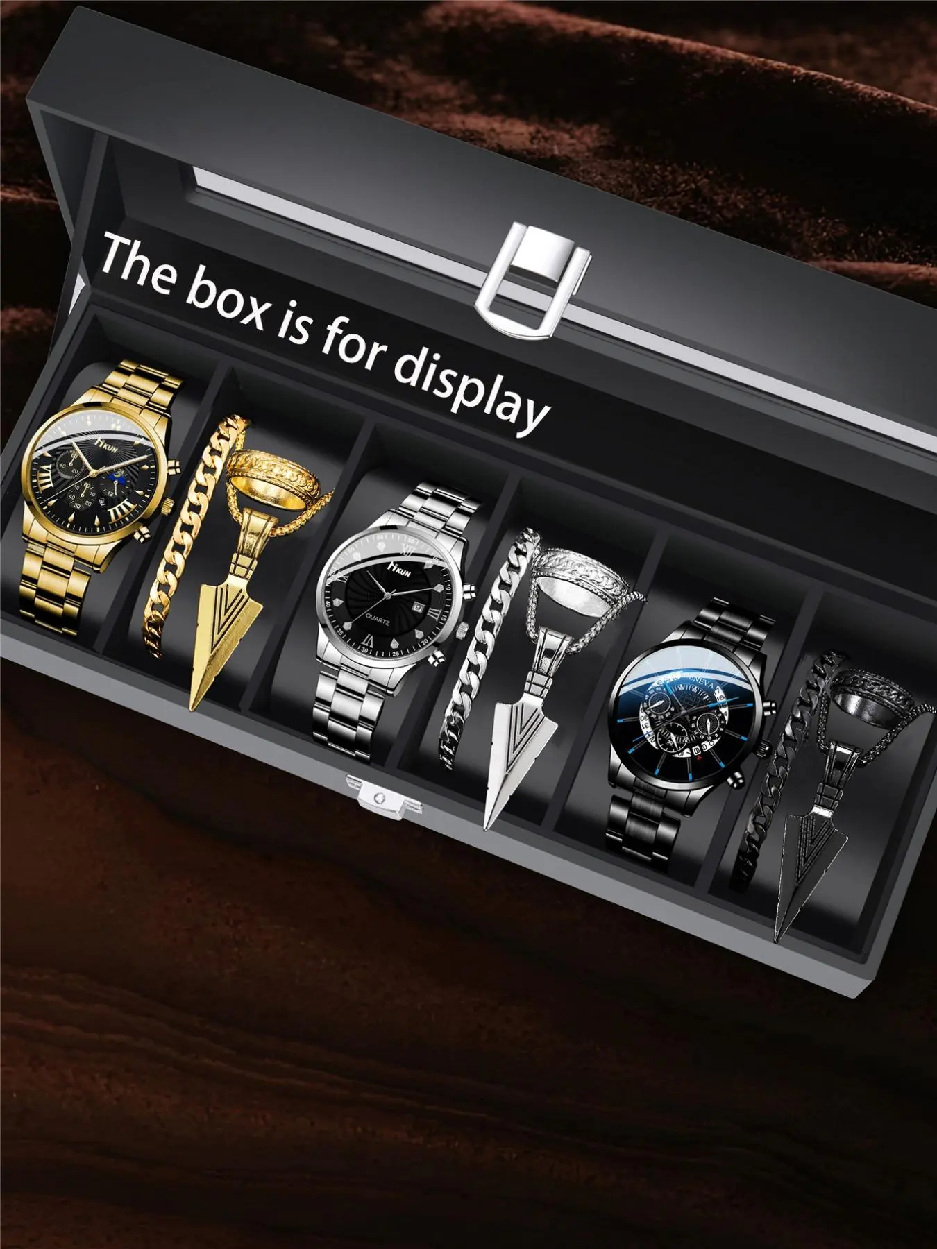 Men's Business Fashion Exquisite Watch Set, Analog Quartz Movement, Including Round Dial Watch & Pendant Necklace & Bracelet & Ring, Perfect Choice for Birthday Gift