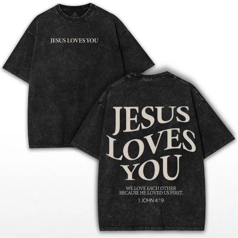 Jesus Loves You Oversized Tee – Washed Black Faithcore Shirt featuring Bold Bible Verse Graphic Back Print Spiritual Drop 2025 women's and men's tops TikTokShop Black Friday