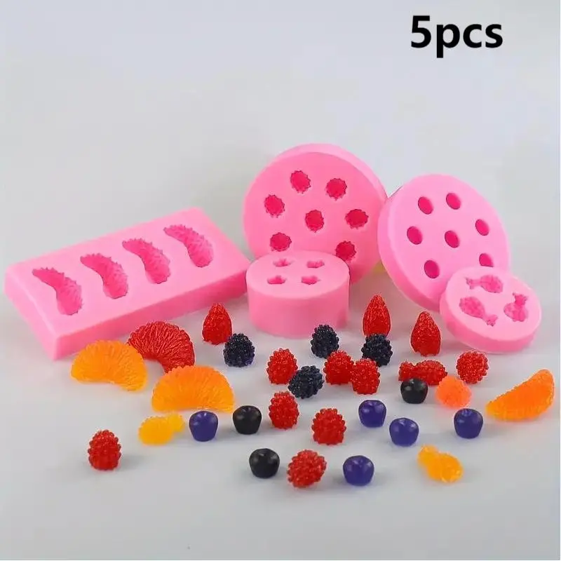 Fruit Shaped Jelly Making Silicone Molds, Jello Molds, 5pcs/set 3D Mini Fruit Mold, Orange Blueberry Silicone Mold for Cupcake Decorating, Chocolate Making Mold