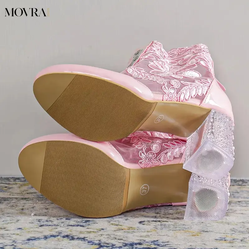 MOVRA1 Pink Women's Short Boots, Flower Lace Ankle Boots with Clear Heeled and Back Zipper