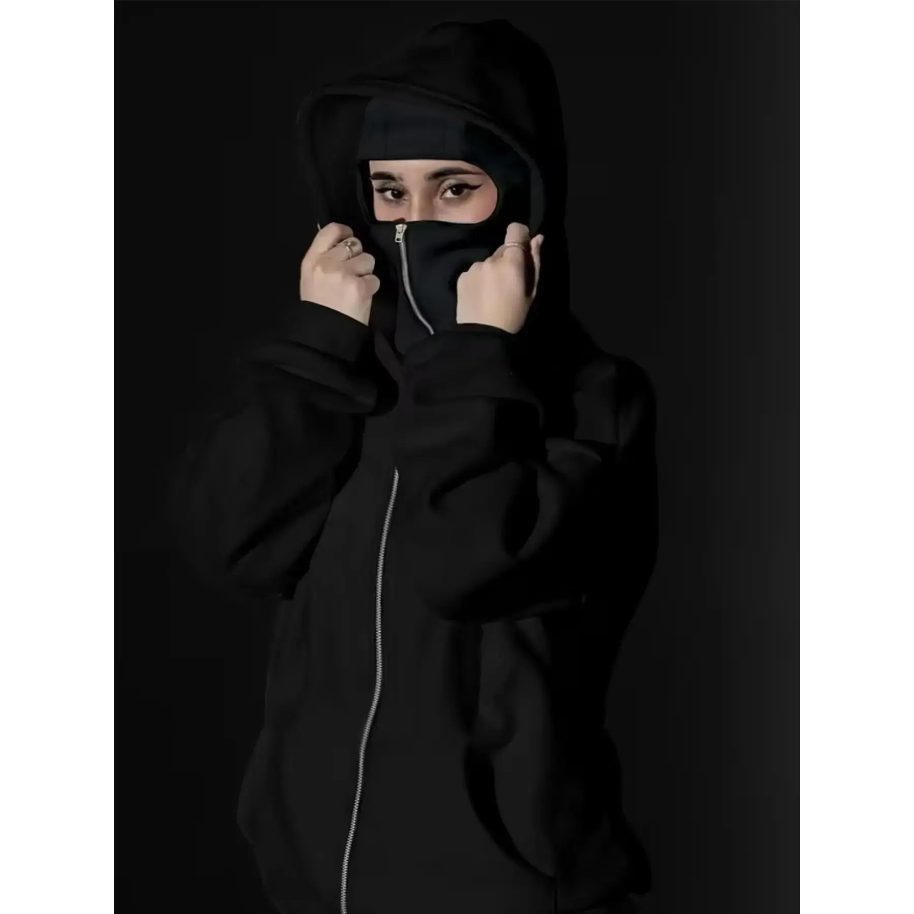 Stylish Women's Basic Double Hood Balaclava with Zipper, Ribbed Cuffs, Elastic Waistband, All-Season Hoodie