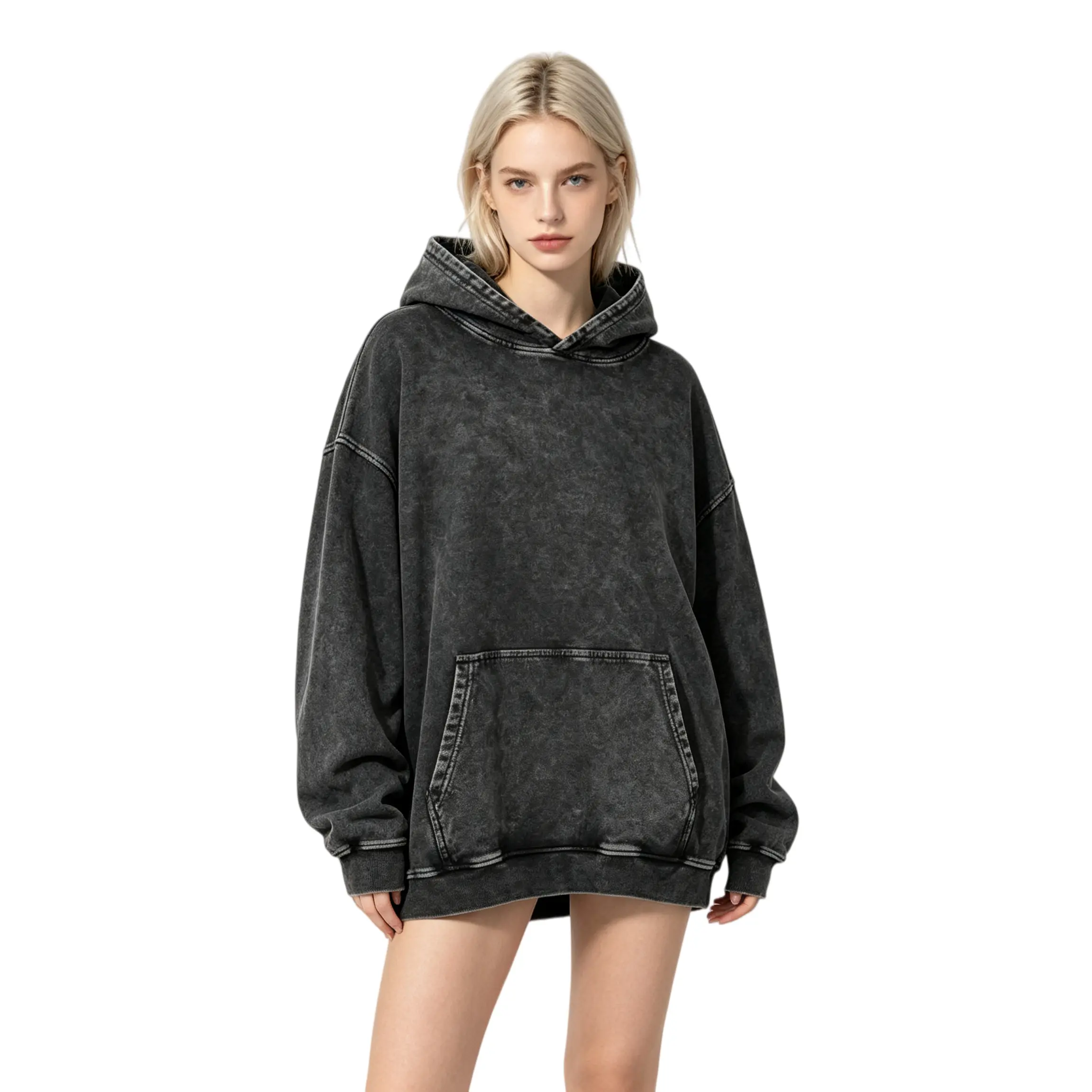 Women's Oversized Acid Wash Hoodie - Round Neck Cotton Pullover with Kangaroo Pocket, Foldable for Work and School,back to school,back to school shopping