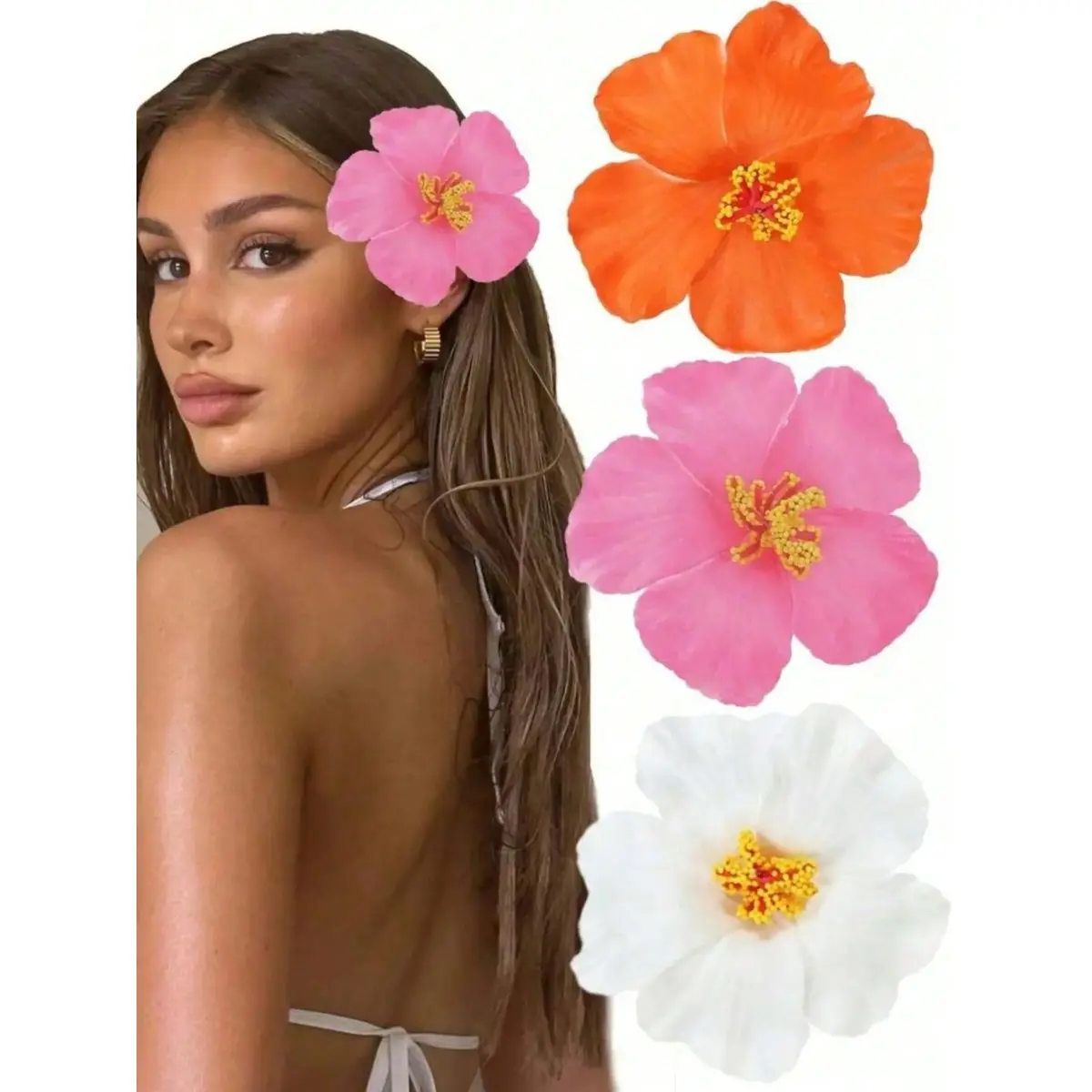 3Pcs Hawaiian Flower Hair Accessories Set, Floral Clips & Claw Clamps for Party Dance, Cute DIY Hair Decor for Girls, Clip In Claw, Super Cute Clips
