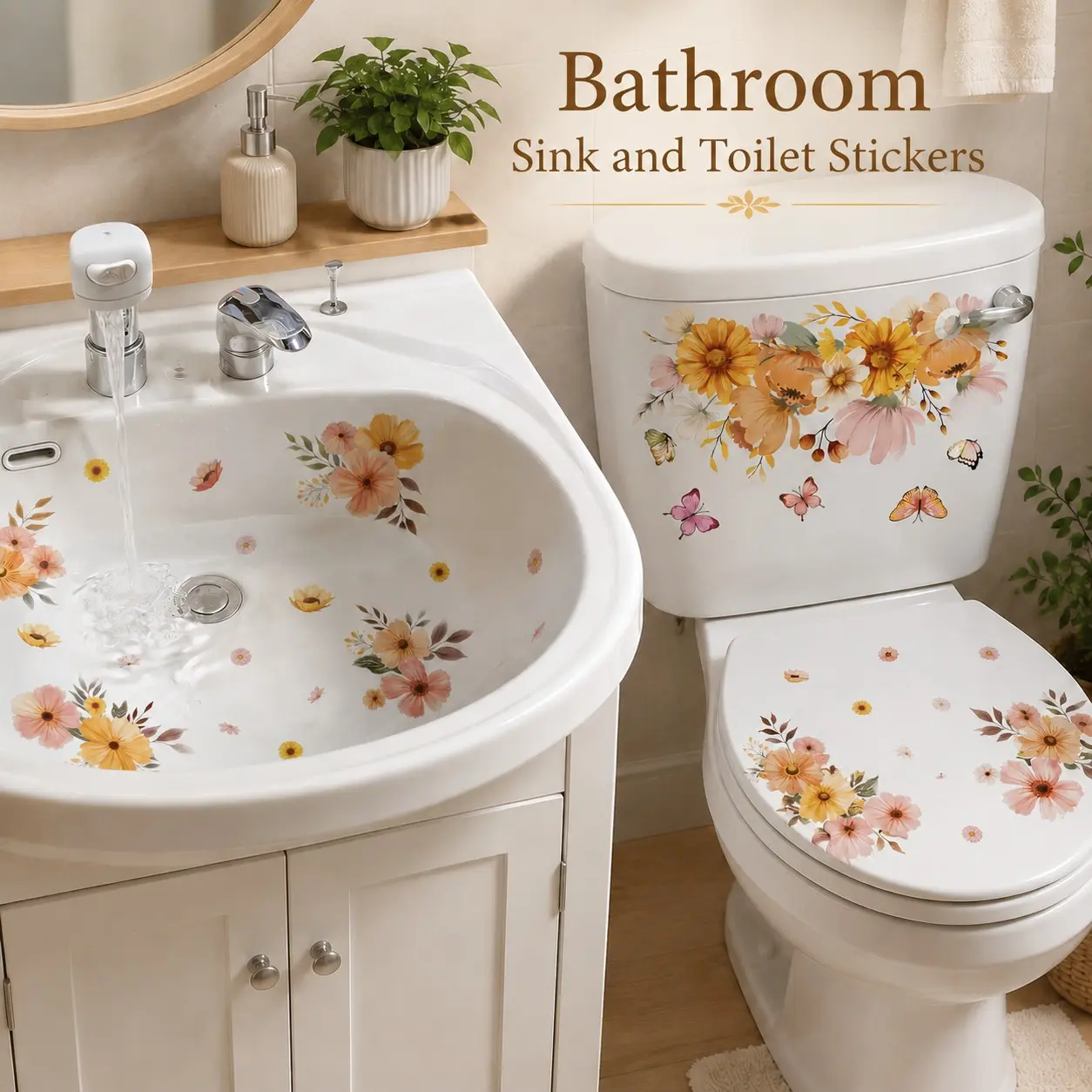 2pcs Watercolor Floral Sink Stickers, Daisy Plant Butterfly Toilet Stickers, Fresh Healing Bathroom Decor, Wall Art for Shower Tub