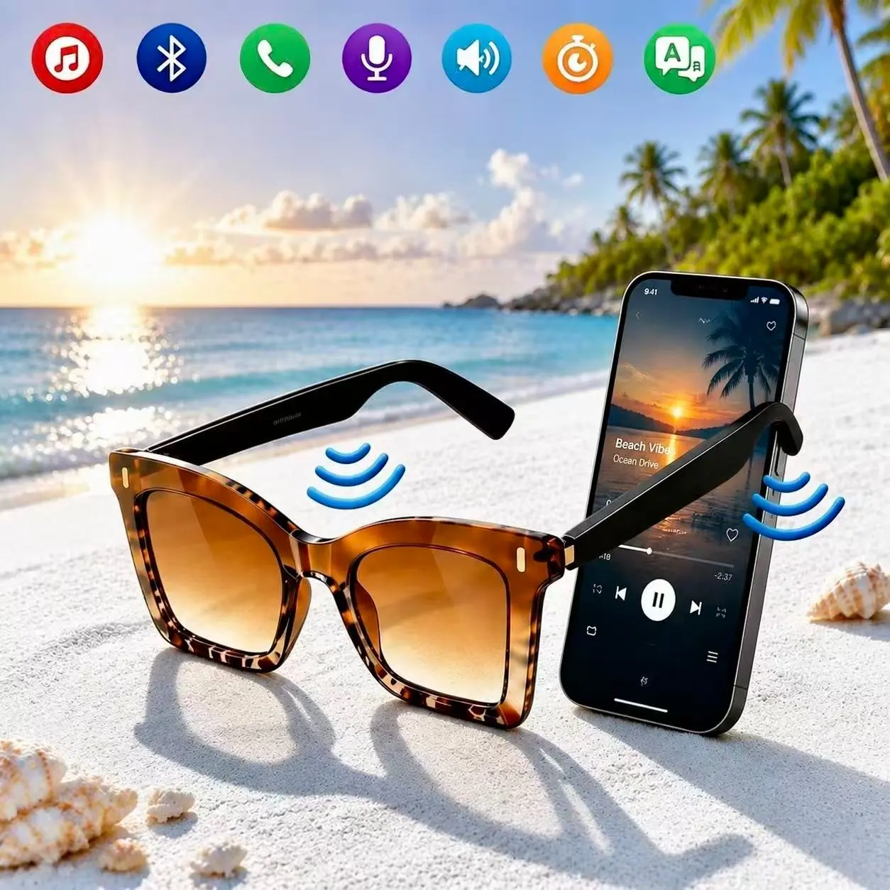 AI Bluetooth smart glasses, Multifunctional audio sunglasses, with multiple language APP translation, in ear automatic detection switch, leopard print sunglasses, sweat proof, sun protection, suitable for travel, navigation, meetings, business