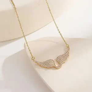 Exquisite Luxury Shining Full of Zircon Gold Color Angel Wings Pendant Necklace for Women Fashion Designer  Accessories men's,accessories for women