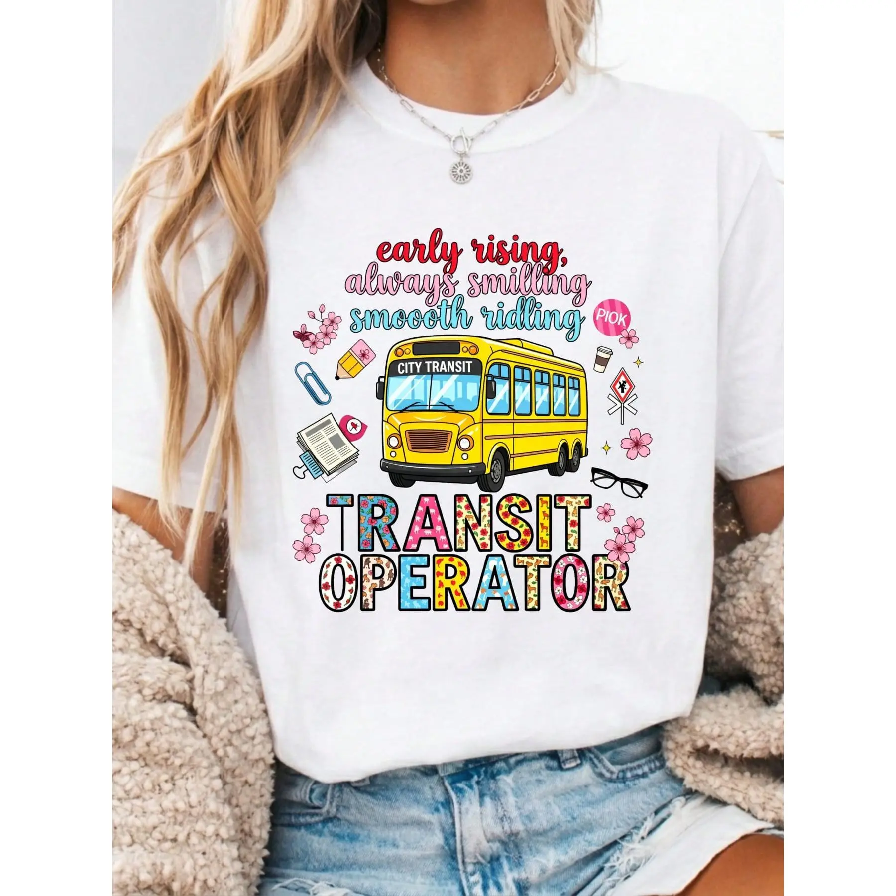 Cute And Colorful, Women's T-Shirt, Transit Operator With School Bus And Floral Design, For Daily Wear And Gift For Bus Drivers foreign trade men king message golf gift t-shirt Men's UV Protective Active Long Sleeve Shirt soft cotton tee gift