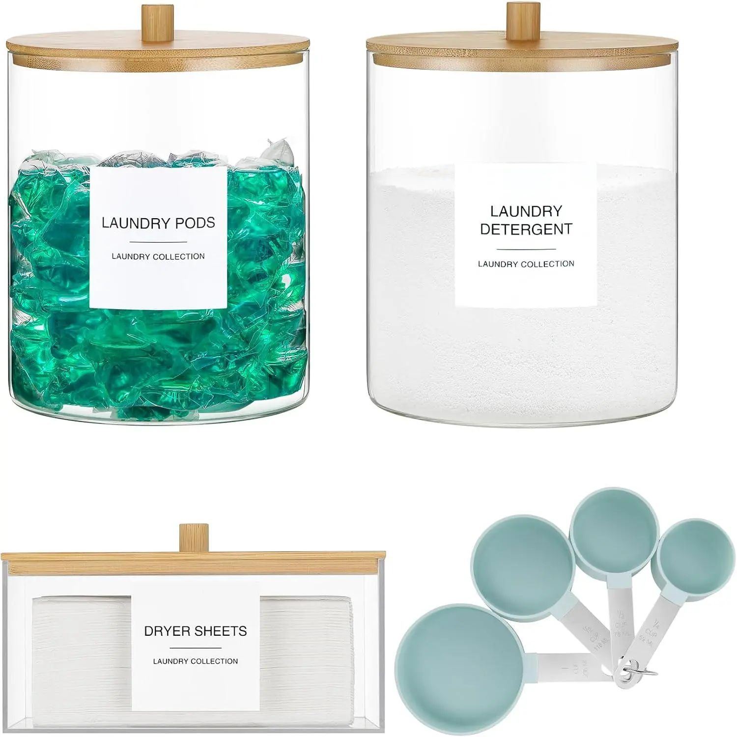 3 Pack Glass Jars and  Dryer Sheet Holder, Laundry Pods Container with  Lid and Measuring Cups for Laundry Room Organization,  Detergent Containers