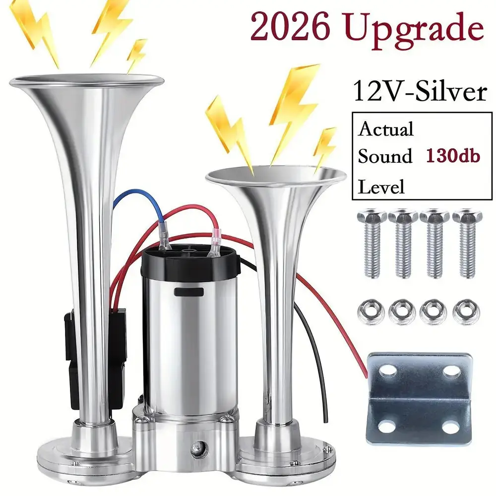 2026 Upgrade Dual Tube Air Horn with Compressor, 130db 12V Car Horn Kit, Silver, Suitable for Cars Trucks Pickups Suvs Boats
