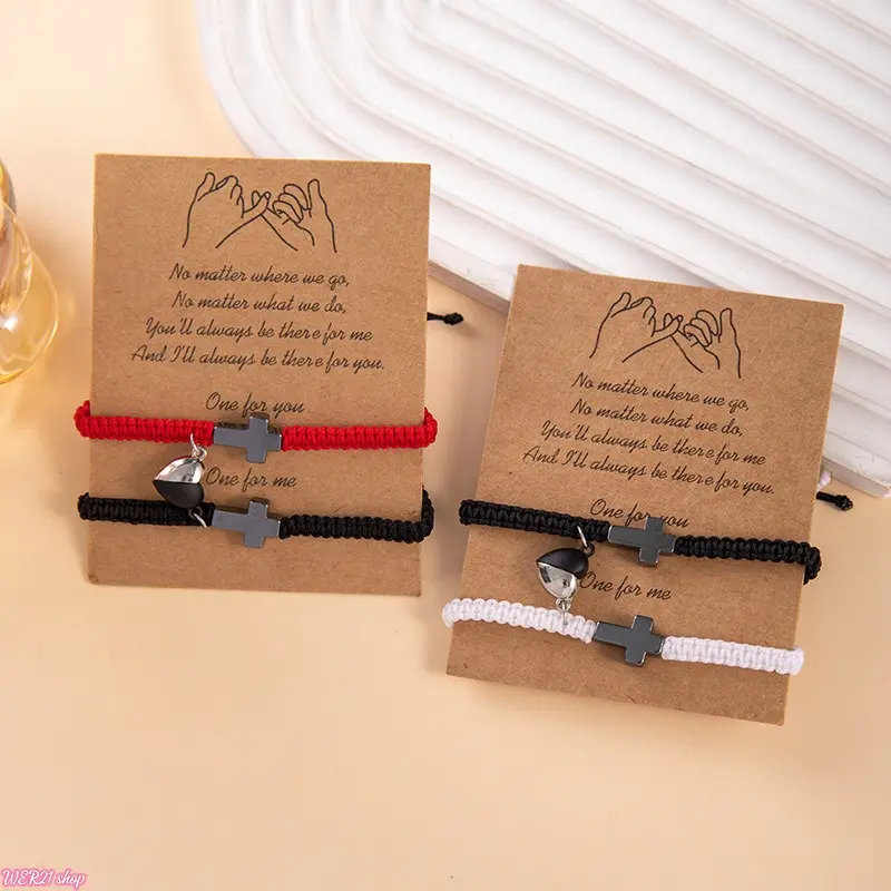 Couple's promise bracelets,Two Inspirational Christian Cross Bracelets,Magnetic Heart Jesus bracelet,Friendship bracelet-Red&Black Rope Braided Adjustable Design With Jesus Blessing Card,Christian Baptism&Valentine's Day&boyfriend&girlfriend Gift