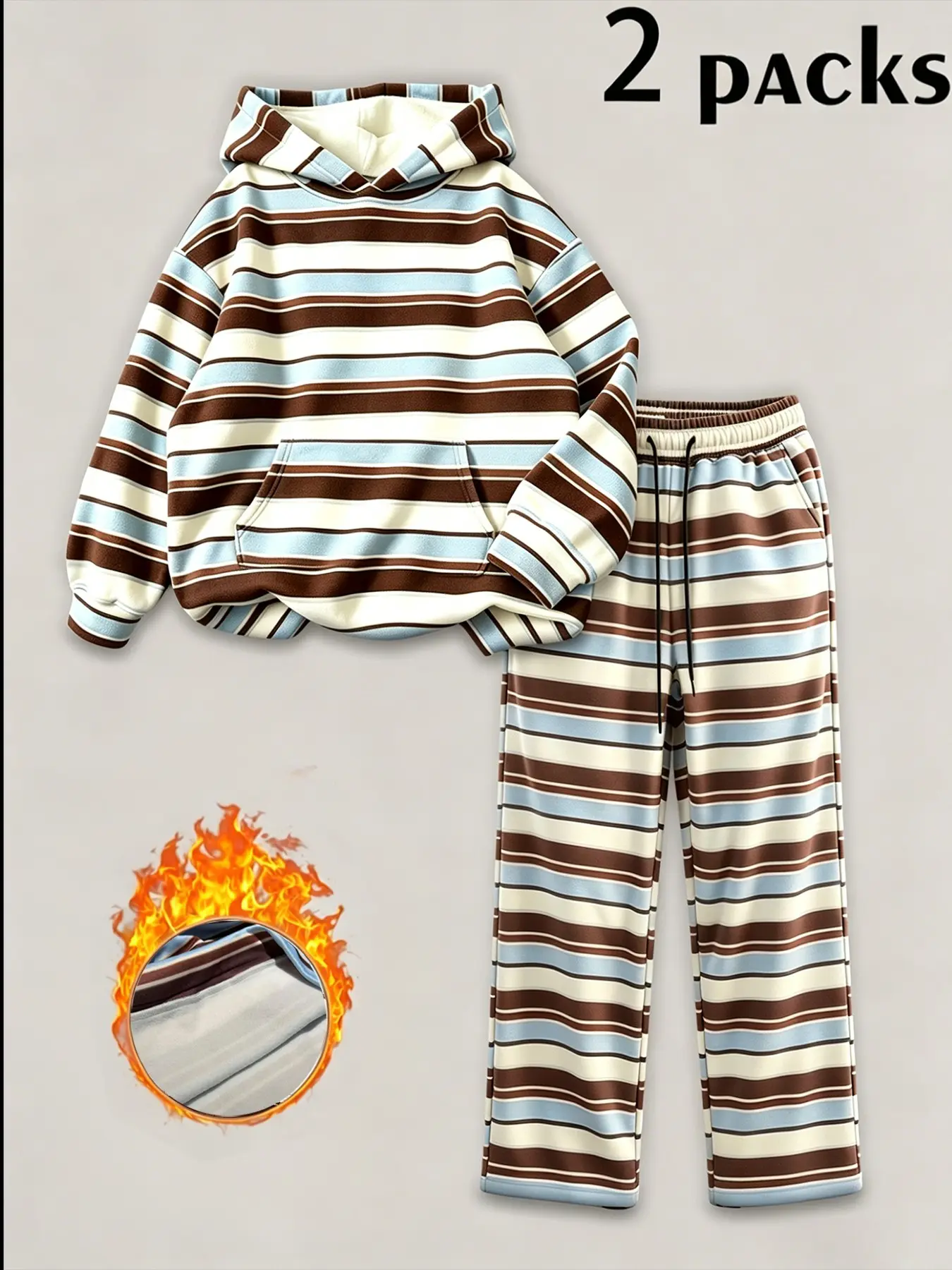 Meadow Blue Striped Fleece Sports Set, Unisex Thickened Fleece Warmth, Loose Fit Hooded Sweatshirt, High Waist Drawstring Pants, Activewear Set