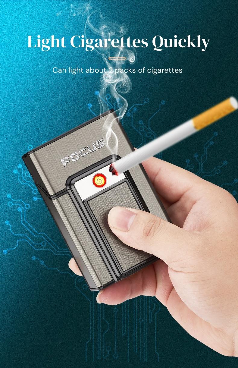 Cigarette Case with Lighter, Tungsten Filament Cigarette Lighter, Rechargeable Windproof Cigarette Lighter, USB Rechargeable Lighter, Compatible with Soft and Hard Cases, One-button Pop-up, Cigarette Case Holder That Can Hold 20 Cigarettes