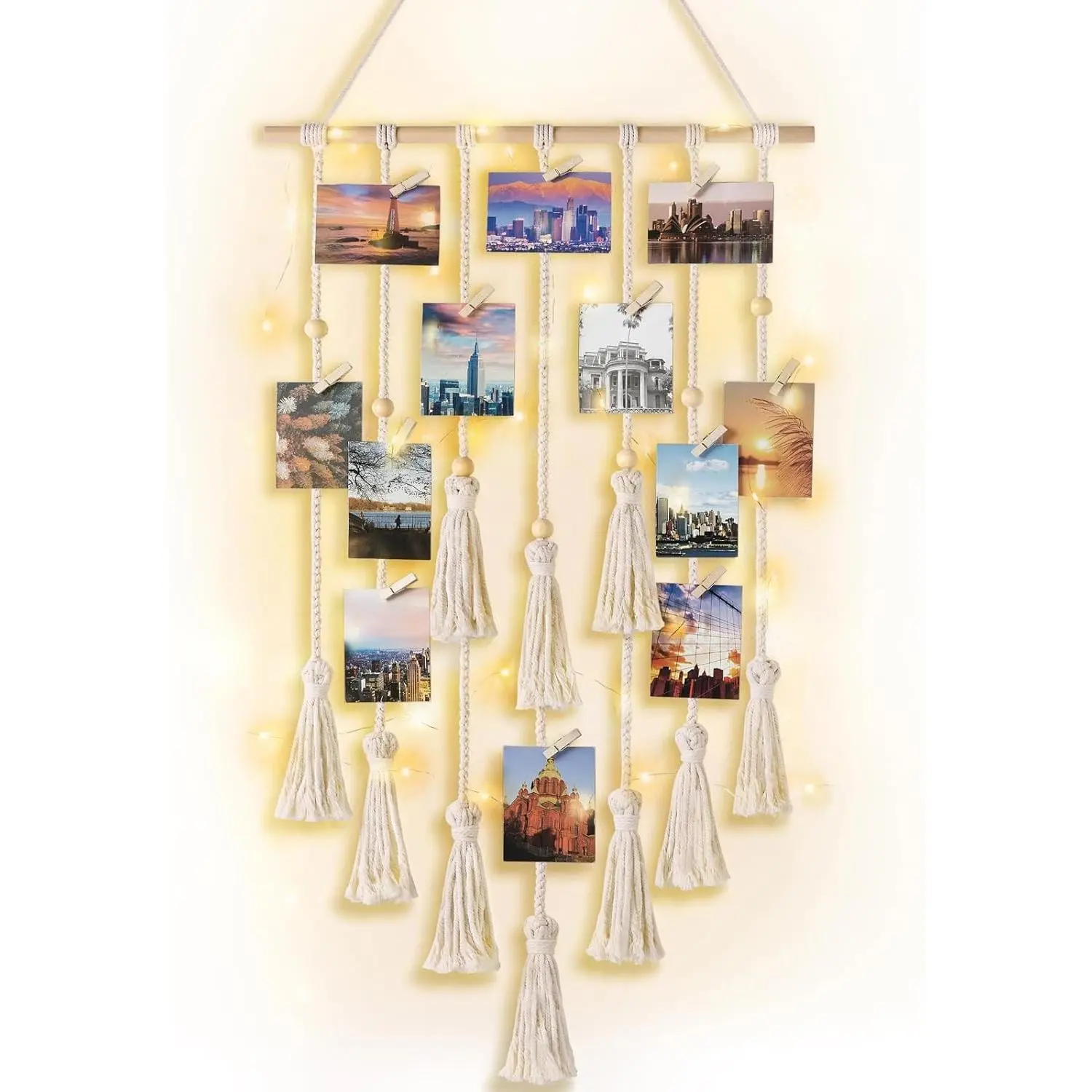 Hanging Photo Display, Boho Ivory Macrame Picture Card Holder with Timer String Light & 30 Wood Clips, Teen Girl Gift, Decor for Bedroom Dorm Office Living Room, Christmas Gift